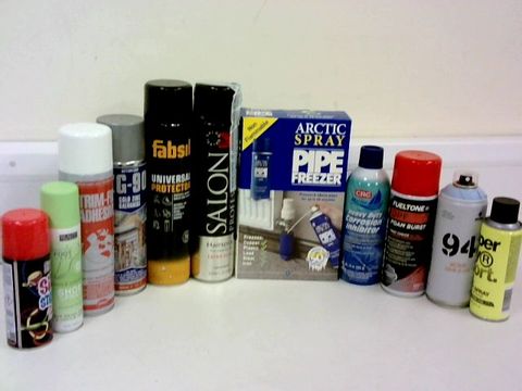 4 BOXES OF ASSORTED AEROSOLS SPRASYS TO INCLUDE; SPECIAL OCCASIONS SILLY STRING, BEAUTY FORMULAS SHOE SPRAY, TRIM FIX ADHESIVE, ZG-90 COLD ZINC GALVANISE, FABSIL UNIVERSAL PROTECTOR, SALON PROFESSIONA