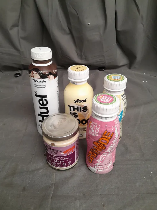 11 ASSORTED FOOD ITEMS TO INCLUDE HUEL FOOD DRINK, THE FORAGING FOX SMOKED GARLIC MAYO, YFOOD DRINK MEAL AND GRENADE PROTEIN SHAKE-COLLECTION ONLY