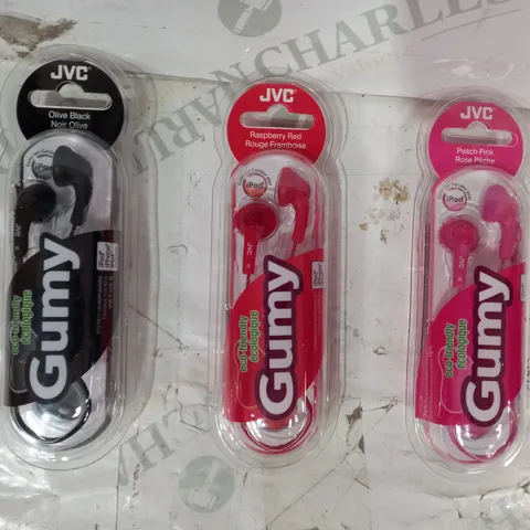 BOX OF APPROXIMATELY 20 ASSORTED JVC GUMY STEREO HEADPHONES IN VARIOUS COLOURS