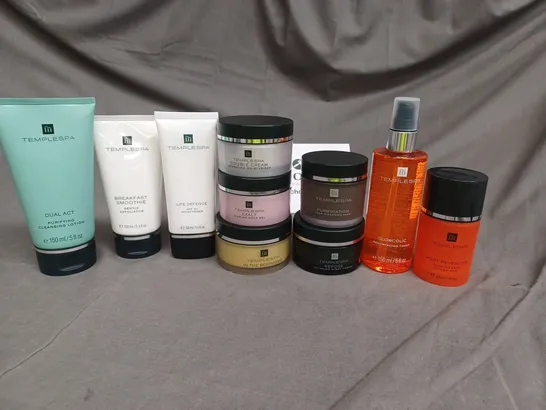 LOT OF 10 TEMPLESPA SKIN CARE PRODUCTS TO INCLUDE TONER, CLEANSING LOTION AND CREAMS