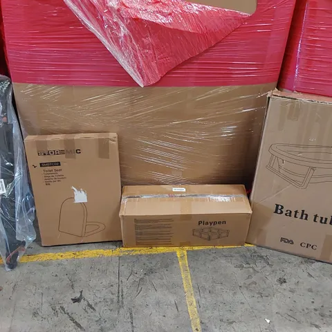 PALLET OF ASSORTED ITEMS INCLUDING: PLAYPEN, BATH TUB, TOILET SEAT, UMBRELLA ECT