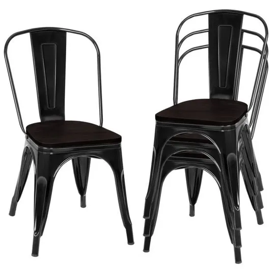 BOXED SET OF 4 STACKABLE METAL DINING CHAIRS WITH IRON BACKREST - BLACK