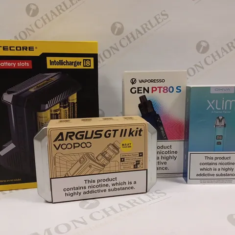 APPROXIMATELY 20 ASSORTED VAPING PRODUCTS AND ACCESSORIES TO INCLUDE NITECORE INTELLICHARGER, VOOPOO ARGUS GT II KIT, VAPORESS GEN PT80 S, OXVA XLIM X-TREME FLAVOUR ETC.