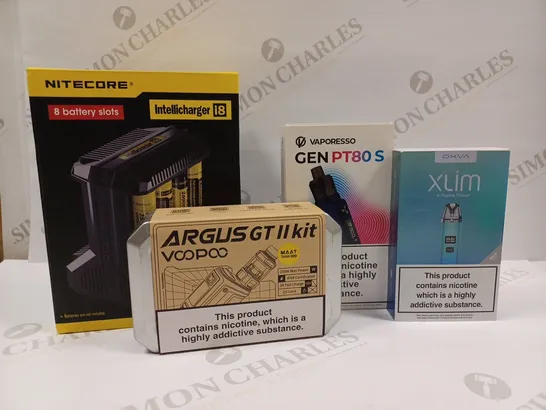 APPROXIMATELY 20 ASSORTED VAPING PRODUCTS AND ACCESSORIES TO INCLUDE NITECORE INTELLICHARGER, VOOPOO ARGUS GT II KIT, VAPORESS GEN PT80 S, OXVA XLIM X-TREME FLAVOUR ETC.