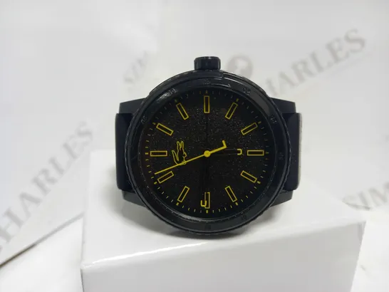 LACOSTE BLACK DIAL YELLOW ACCENT RUBBER STRAP WATCH  RRP £119