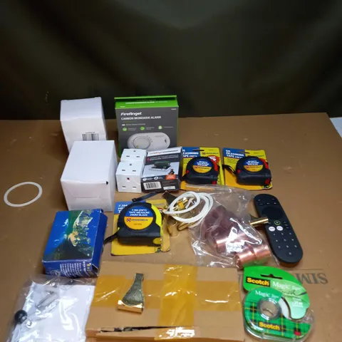 LOT OF ASSORTED ITEMS TO INCLUDE TAPE MEASURES, REMOTE CONTROLS AND LOOSE FITTINGS