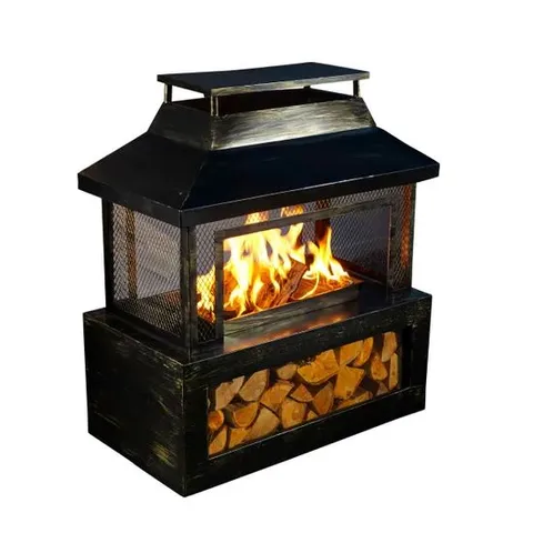 BOXED NEO BLACK OUTDOOR FIRE PIT LOG BURNER WITH MESH SURROUND AND STORAGE