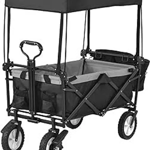 BOXED GARDEN CART WAGONS FOLDABLE PULL WAGON WITH ROMOVABLE CANOPY TROLLEY 4 WHEELS (BLACK) - 150KG CAPACITY (1 BOX)