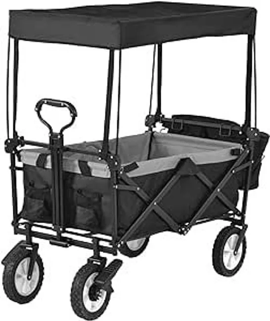 BOXED GARDEN CART WAGONS FOLDABLE PULL WAGON WITH ROMOVABLE CANOPY TROLLEY 4 WHEELS (BLACK) - 150KG CAPACITY (1 BOX)