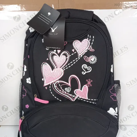 HYNES EAGLE BACKBACK IN BLACK/PINK W. HEARTS DESIGN