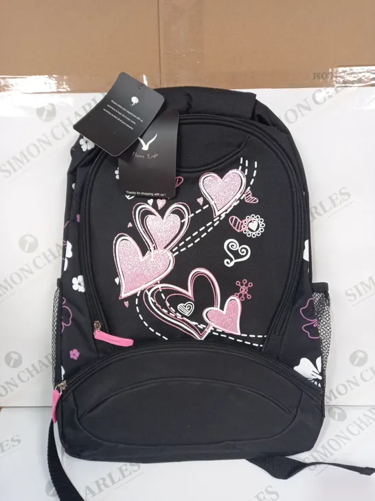 HYNES EAGLE BACKBACK IN BLACK/PINK W. HEARTS DESIGN