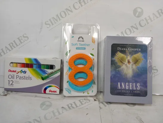 BOX OF APPROXIMATELY 15 ASSORTED TOYS AND GAMES TO INCLUDE DIANA COOPER ANGELS OF LIGHT CARDS, SOFT TEETHER, OIL PASTELS