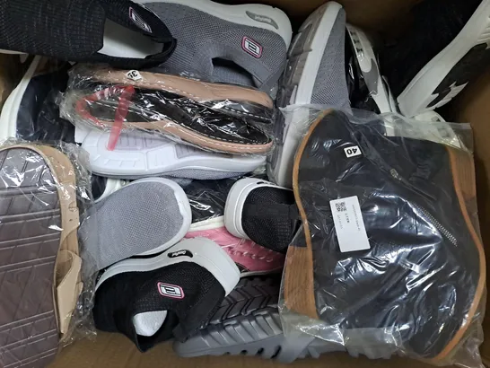 BOX OF APPROXIMATELY 15 ASSORTED PAIRS OF SHOES AND FOOTWEAR ITEMS IN VARIOUS STYLES AND SIZES TO INCLUDE CANEMON, ZARA, ETC