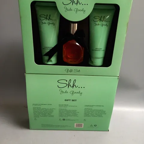 BOX OF APPROX 12 SHH... JADE GOODY GIFT SETS CONTAINING GLITTER BODY LOTION 100ML, EAU DE PARFUM 50ML AND BATH & SHOWER GEL 100ML