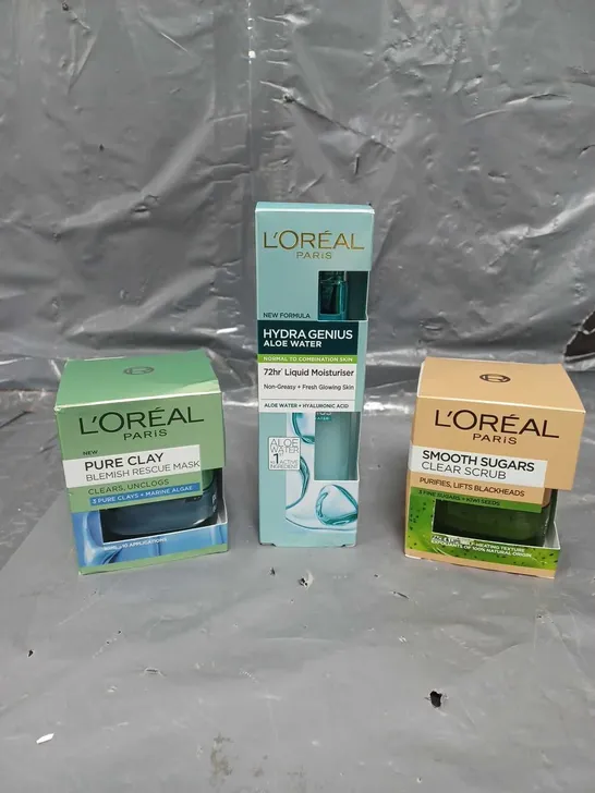 L'OREAL HYDRAGENIUS ALOE WATER, SMOOTH SUGARS CLEAR SCRUB, AND PURE CLAY BLEMSIH RESCUE MASK 