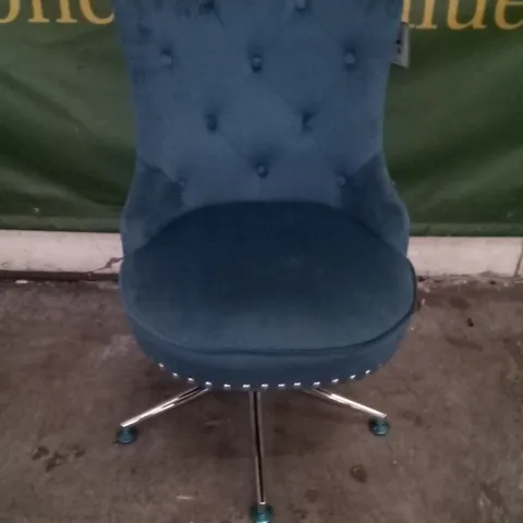 DESIGNER BLUE VELVET EFFECT SWIVEL CHAIR WITH STUDDED DETAIL