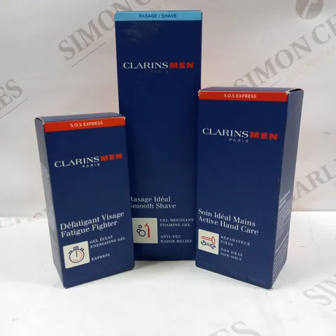 CLARINS PARIS MENS BUNDLE INCLUDING ACTIVE HAND CARE, SMOOTH SHAVE FOAMING GEL, FATIGUE FIGHTER ENERGIZING GEL