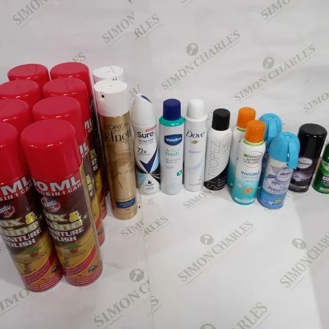 LOT OF 20 ASSORTED AEROSOL CANS TO INCLUDE POLISH, ANTIPERSPERANT, AIR FRESHNER ETC