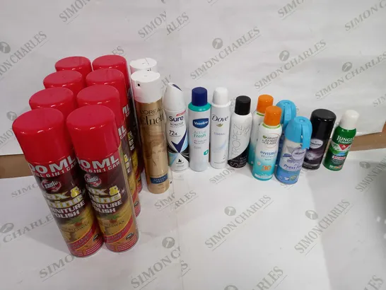 LOT OF 20 ASSORTED AEROSOL CANS TO INCLUDE POLISH, ANTIPERSPERANT, AIR FRESHNER ETC