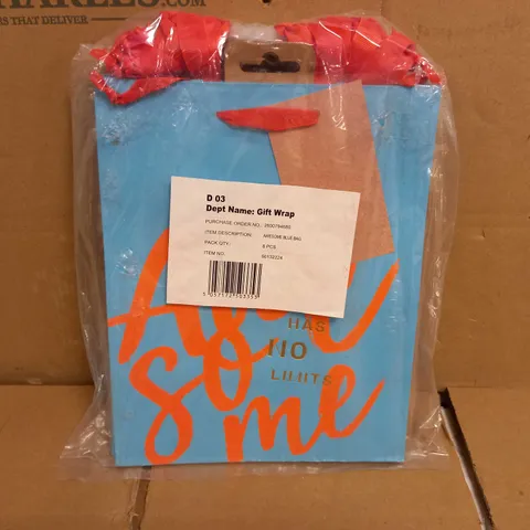 BOX OF APPROX 15 PACKS (APPROX 8 PER PACK) OF `AWESOME` GIFT BAGS - BLUE/ORANGE 