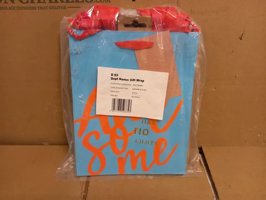 BOX OF APPROX 15 PACKS (APPROX 8 PER PACK) OF `AWESOME` GIFT BAGS - BLUE/ORANGE 