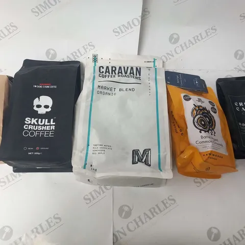 APPROXIMATELY 10 ASSORTED COFFEE PRODUCTS TO INCLUDE; CROWN AND CANVAS, CARAVAN COFFEE ROASTERS,SKULL CRUSHER COFFEE AND MILES