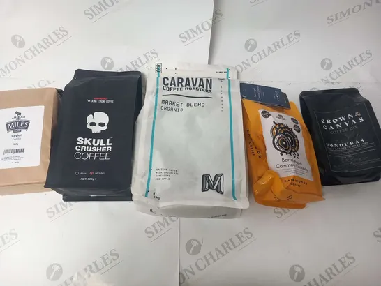 APPROXIMATELY 10 ASSORTED COFFEE PRODUCTS TO INCLUDE; CROWN AND CANVAS, CARAVAN COFFEE ROASTERS,SKULL CRUSHER COFFEE AND MILES