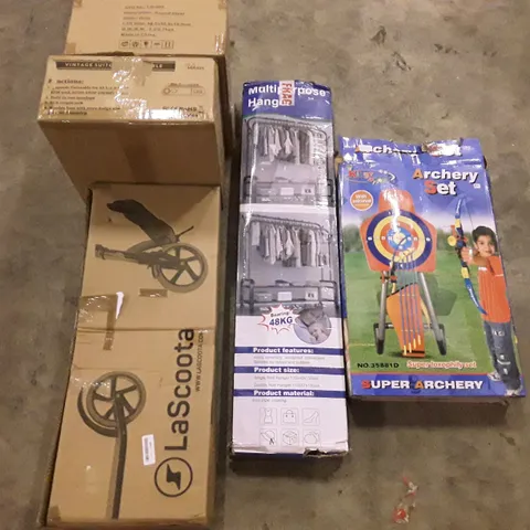 PALLET OF ASSORTED PRODUCTS INCLUDING MULTIPURPOSE HANGERS, LASCOOTA SCOOTER, VINTAGE SUITCASE TURNTABLE, ROUND STOOL, TOY ARCHERY SET