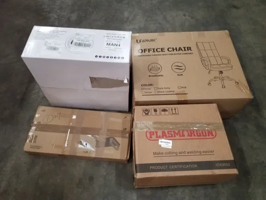 PALLET OF ASSORTED PRODUCTS INCLUDING OFFICE CHAIR, CEILING FAN LIGHT, MONITOR STAND, WELDING KIT 