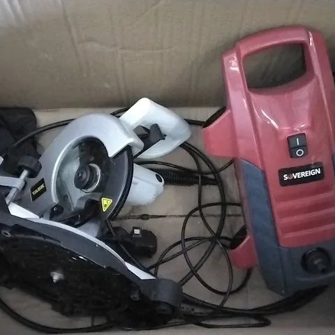 BOX CONTAINING USED SOVEREIGN HIGH PRESSURE WASHER & USED TASK COMPOUND MITRE SAW 850W