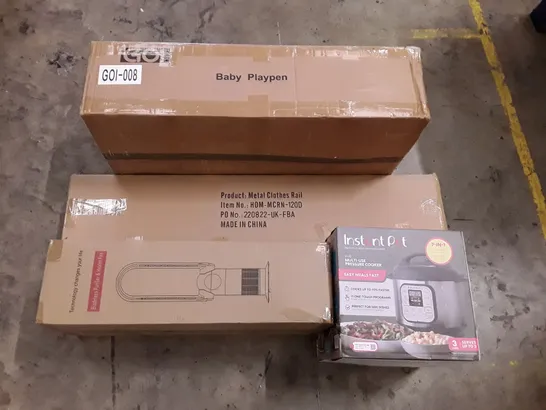 PALLET OF ASSORTED PRODUCTS INCLUDING BABY PLAYPEN, METAL CLOTHES RAIL, MULTI-USE PRESSURE COOKER, BLADELESS PURIFIER & HEATER FAN