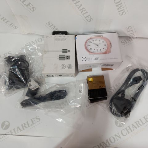LOT OF APPROXIMATELY 5 ASSORTED HOUSEHOLD ITEMS TO INCLUDE JOHN LEWIS MICRO USB TO USB-A CABLE, NIKON REMOTE CONTROLLER, ACCTIM ALARM CLOCK ETC 