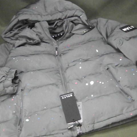 NVLTY PADDED JACKET IN GREY WITH SPLATTER EFFECT - M