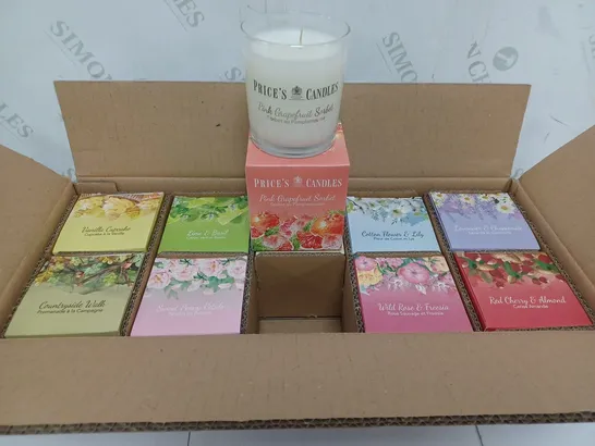 LOT OF 10 PRICE'S CANDLES SCENTED CANDLES. 170G PER CANDLE. ASSORTED SCENTS