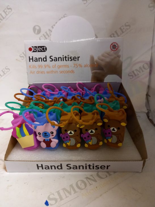 BOX OF 25 X VARIOUSLY SHAPED AND COLOURED NOVELTY HAND SANITIZER DISPENSERS WITH HAND SANITIZER