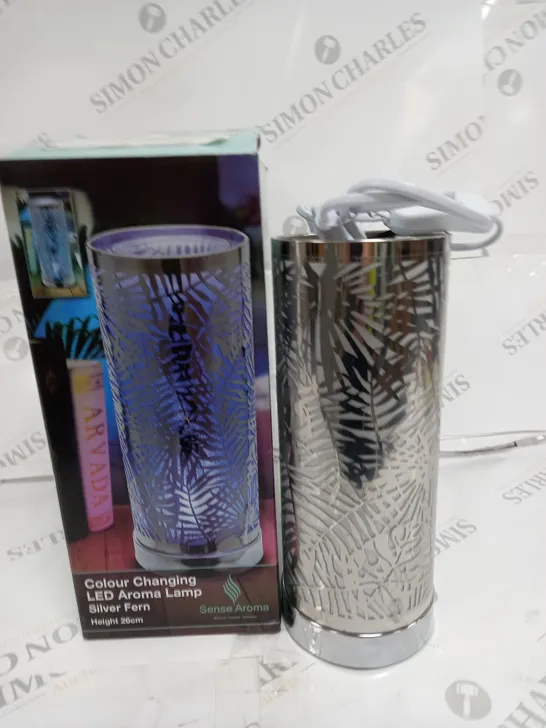 BOXED COLOUR CHANGING LED AROMA LAMP SILVER FERN - 26CM