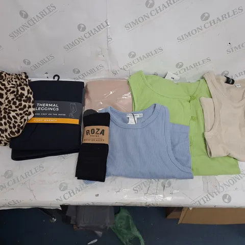 BOX OF ASSORTED CLOTHING ITEMS TO INCLUDE SOCKS, THERMALS, CROP TOPS ETC 