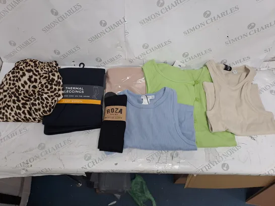 BOX OF ASSORTED CLOTHING ITEMS TO INCLUDE SOCKS, THERMALS, CROP TOPS ETC 