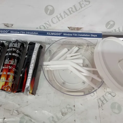 BOX OF APPROXIMATELY 20 ASSORTED HOUSEHOLD ITEMS TO INCLUDE BBQ CHARCOAL TABLETS, STORAGE BOX, WINDOW FILM, ETC