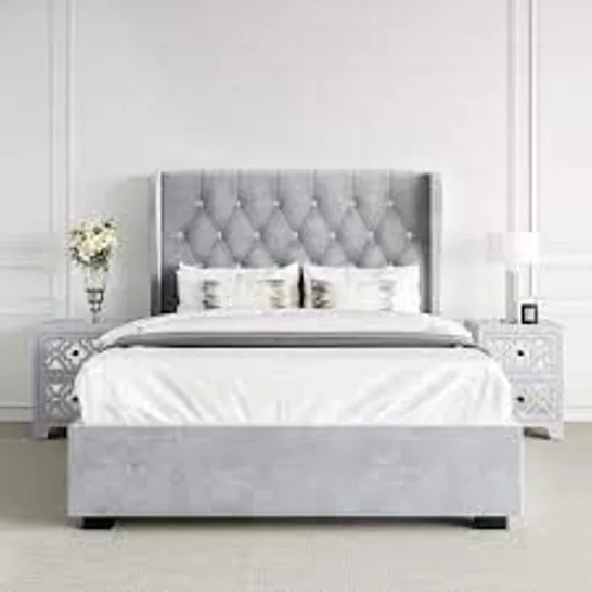 BOXED SAFINA VELOUR DOUBLE STUD WINGBACK OTTOMAN SILVER/GREY BED FRAME 