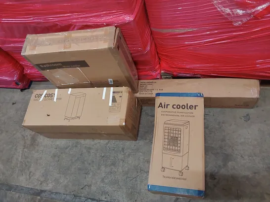 PALLET OF ASSORTED CONSUMER PRODUCTS TO INCLUDE: PATIO UMBRELLA, AIR COOLER, ELECTRIC CLOTHES DRYER, BATHROOM MIRROR CABINET ECT