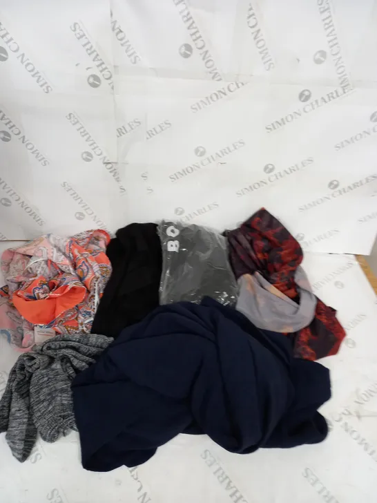 LARGE BOX OF ASSORTED CLOTHING ITEMS IN VARIOUS COLOURS AND SIZES INCLUDING TROUSERS , TOPS AND JUMPERS 