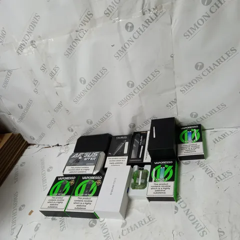 BOX OF APPROXIMATELY 10 ECIG PRODUCTS TO INCLUDE CALIBURN, VAPORESSO, VAPORSTORM 