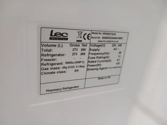 LEC PPSR273UK FREESTANDING PHARMACY CONTROL PLUS FRIDGE - SOLID DOOR 273 LITRES