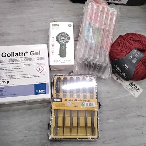 TOTE OF ASSORTED ITEMS INCLUDING GOLIATH GEL, HANDHELD FAN, ROCK PLANT FOR AQUARIUM, DEBBIE BLISS TOAST THREAD, 140MM NEEDLE FILE SET
