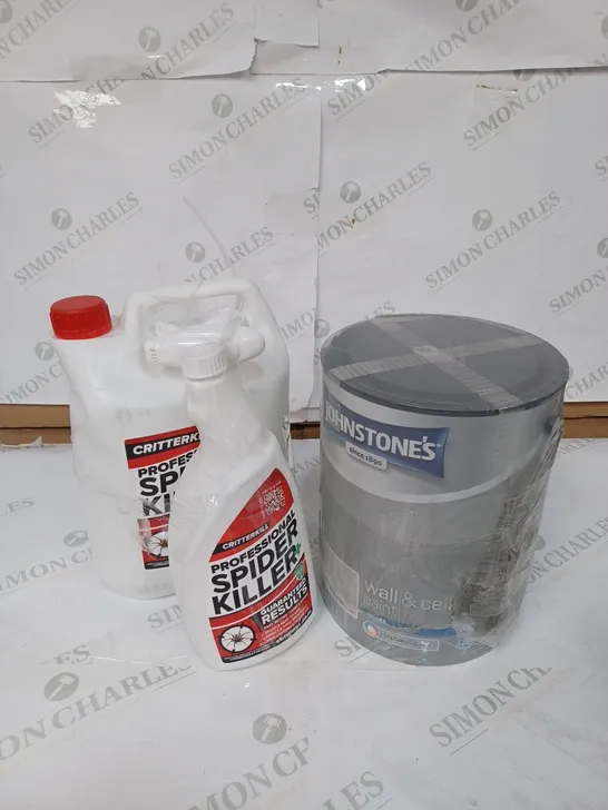 LOT OF 2 ITEMS TO INCLUDE CRITTERKILL PROFESSIONAL SPIDER KILLER - 1L & 5L, JOHNSTONE'S MANHATTAN MATT GREY WALL AND CEILING PAINT - 5L