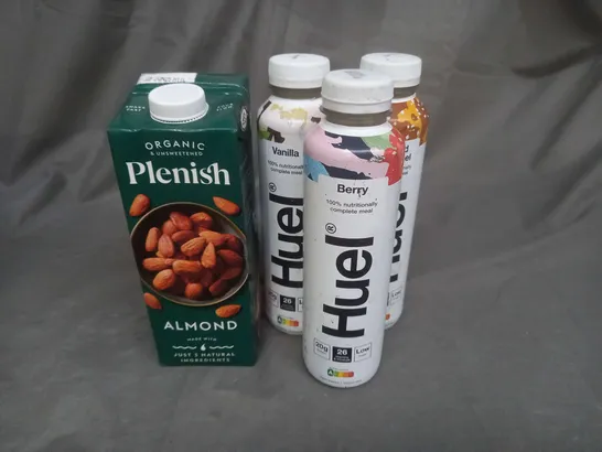 APPROXIMATELY  ASSORTED FOOD AND BEVERAGE PRODUCTS TO INCLUDE, HUEL BERRY, CHOCOLATE AND SALTED CARAMEL PROTEIN SHAKE, ORGANIC PLANISH ALMOND MILK