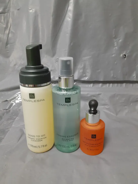 TEMPLESPA LET'S CONCENTRATE SKIN GLOWING SERUM 30ML, TONING ESSENCE TONIC MIST 150ML AND GOOD TO GO CREAMY FOAMING CLEANSER 170ML