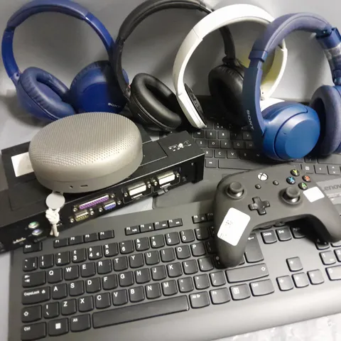 APPROXIMATELY 10 ASSORTED PRODUCTS TO INCLUDE DELL E-PORT PLUS, SONY HEADPHONE, GAMING CONTROLLER, LENOVO PROFESSIONAL WIRELESS KEYBOARD 