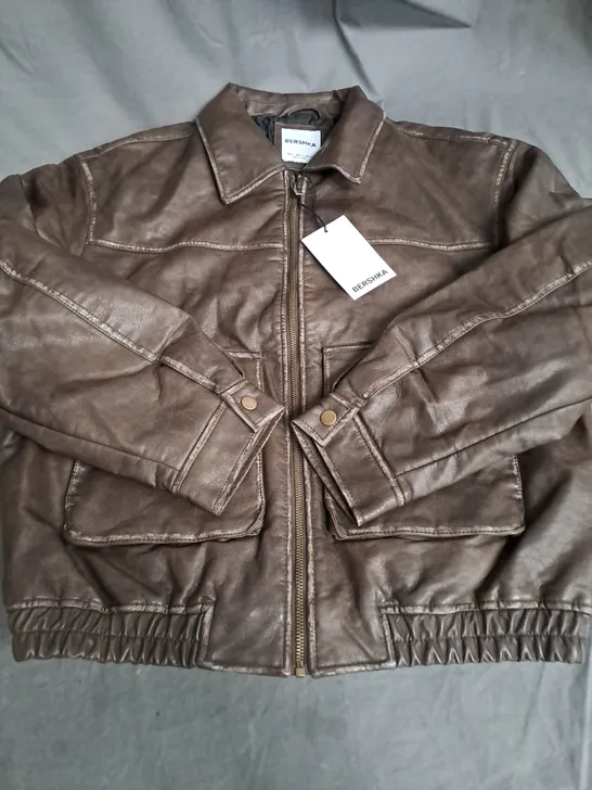 BERSHKA LEATHER BOMBER JACKET, BROWN - SIZE S